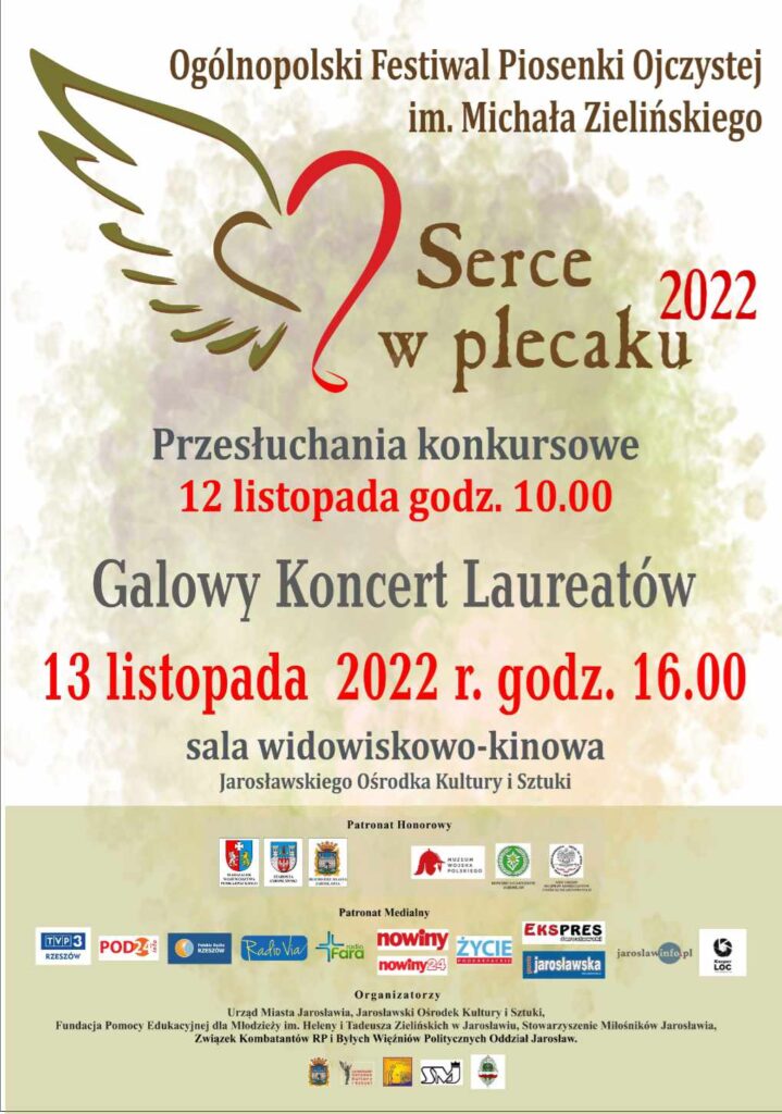 Plakat - Ogólnopolski Festiwal Piosenki Ojczystej im. Michała Zielińskiego - Serce w plecaku 2022